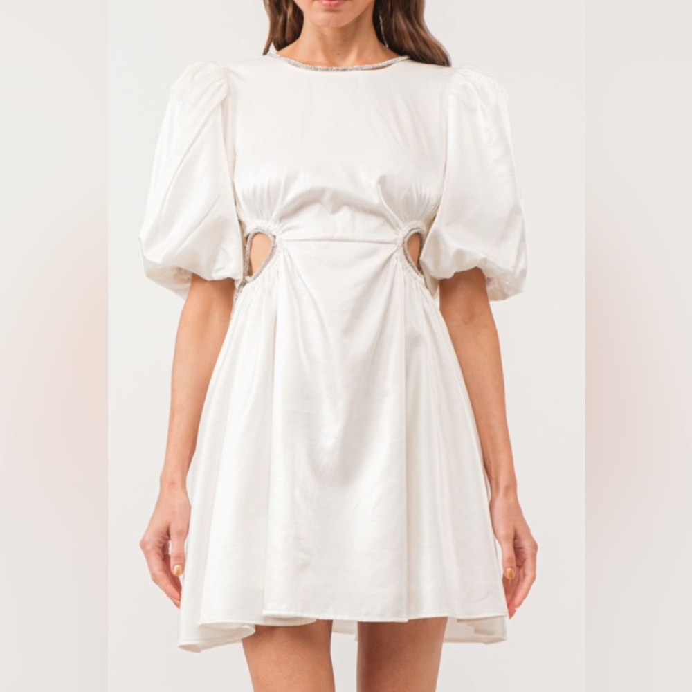 Puff Sleeve Rhinestone Cut Out Boutique Bridal Dress